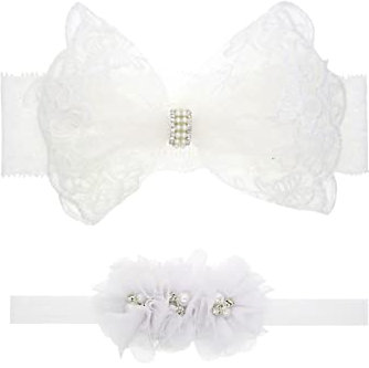 Nishine 2 confezioni per battesimo per neonato, con fiocco bianco, fascia per capelli per bambini (bottone a cerchio)