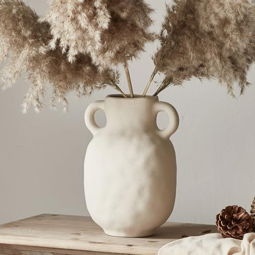 Beige Ceramic Vase with 2 Handles Vintage Flower Vase for Home Decor Rustic Vases for Flowers Stoneware Jug Matte Pottery for Mantel Kitchen Dining Table Centerpieces