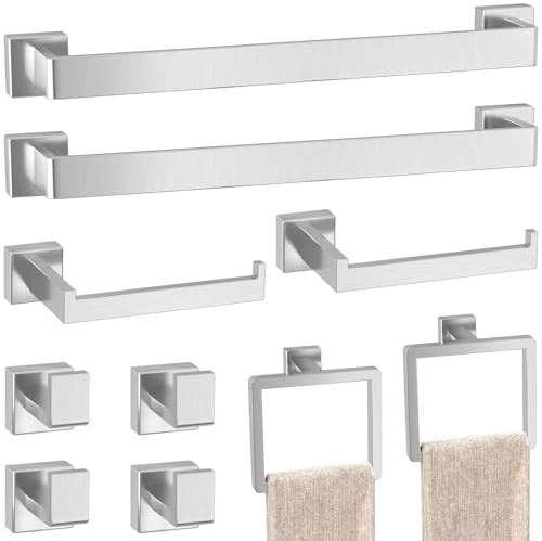 Set di accessori per il bagno in argento spazzolato, 10 pezzi, set di barre porta asciugamani, montaggio a parete, set di barre per asciugamani da bagno da 60 cm, set di accessori da bagno in acciaio