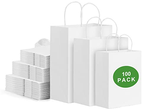 100stk weiß Papiertüten mit Henkel, Gemischte Größen Papiertragetaschen, Perfekte Kraftpapiertüten für Business, Einkaufstaschen, Einzelhandelstaschen, Partytüten, Geschenktüten, Merchandise-Taschen