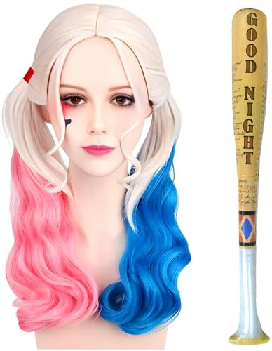 SHOWHEEL Karneval Cosplay Perücken,Rosa und Blau Mit Zwei Pferdeschwänzen,Kostümparty Karneval Cosplay Perücken,Aufblasbarer Baseballschläger für Karneval Halloween Fasching Kostüme Party