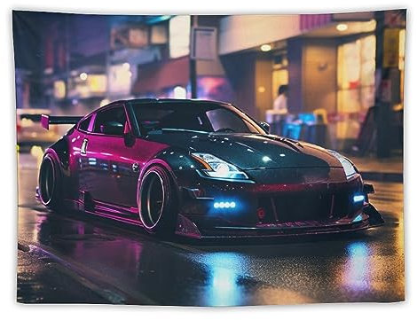 FeoYoed Auto-Tapisserie, Wandbehang, Vorhang, Dekoration, Schlafzimmer, Zuhause, Wohnzimmer, Wandkunst, Wandteppich, Jdm Car 370z, Schwarz, kühles Neon-Nacht, 76,2 x 101,6 cm