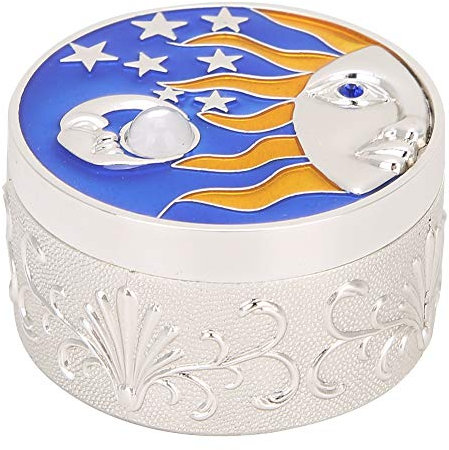 Leopacat Trinket Box, Round Jewelry Box with Star Moon Pattern Decorative Tin Organiser with Lids Flannelette Lining for Ring Necklaces Earrings Bracelets Keepsake Display Organizer (Silver Edge)
