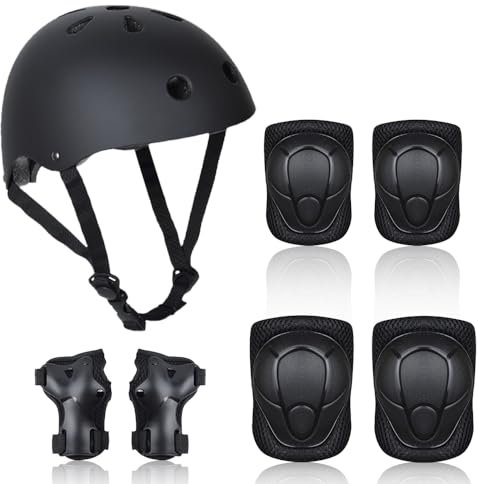 NICEWAT Rodilleras Niños con Casco, Rodilleras Niños 7 en 1 Set, Rodilleras Inliner Niños Equipo de Protección, Casco Monopatín Niños para Skate, Ciclismo, Patinaje (Negro)