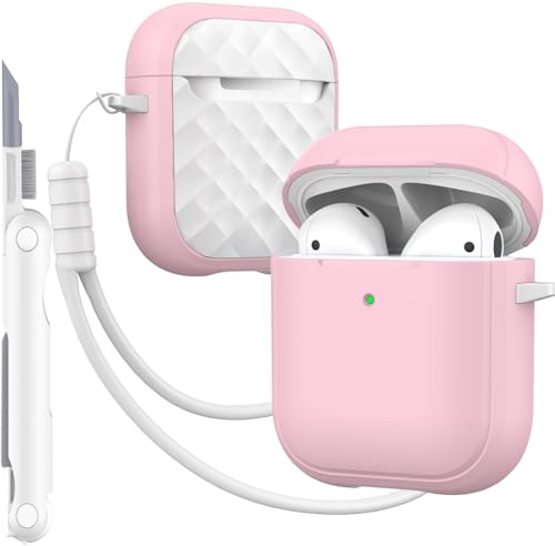 MHYALUDO-Hülle kompatibel mit AirPods 2 Generation mit Reinigungsset, vollständiger Fallschutz mit Trageband, Jugendliche Macaron-Farbe, kompatibel mit Airpods 2 1 Gen-Ladehülle, Pink/Weiß