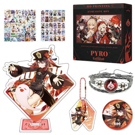 HALOOP Genshin Impact Merch Box Geschenkset - Acryl Standfigur, Schlüsselanhänger, Armband, Abzeichen, 30 Lomo Karten, 50 Aufkleber (Hu Tao)