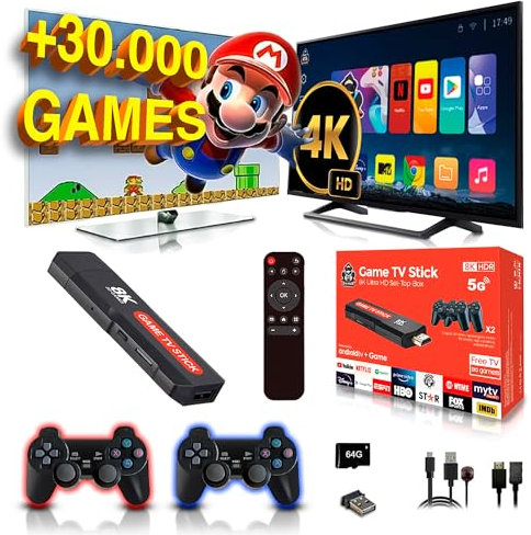 SVP Game - X2 Plus Consola de Juegos Retro, Game Stick con +30.000 Juegos Arcade +14 emuladores + Android TV - Game TV Stick, Plug & Play HDMI con 2 mandos y Control TV inalámbricos