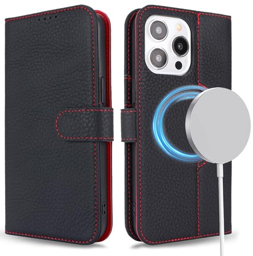 ELTEKER Handyhülle für iPhone 12 Pro Max Hülle [Echtes Leder] Klapphülle Schutzhülle Flip Case - Litchi Schwarz