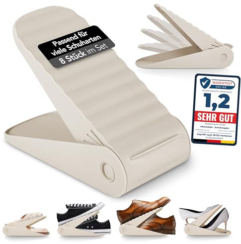 mea:hana Schuhstapler 8 Stk. - Schuh-Organizer verstellbar -MODERN & ROBUST- für perfekte Schuh-Ordnung -PLATZSPAREND & HÖHENVERSTELLBAR- breite Auflagefläche 11cm - Muss für Ordnungsliebhaber (weiß)