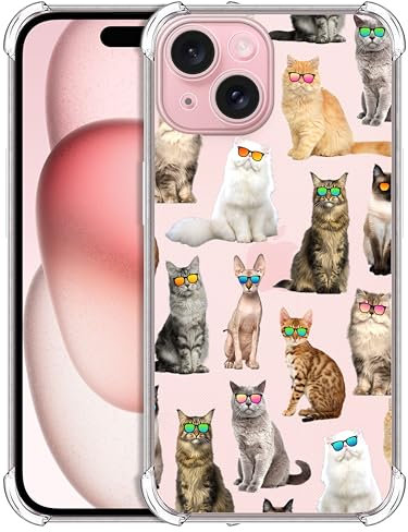 GlamCase for iPhone 15, iPhone 15 Clear Case - Cat Pattern with Sunglasses design Printed Slim Fit Flexible Shockproof Clear Designer Back Case/Cover for iPhone 15 only.