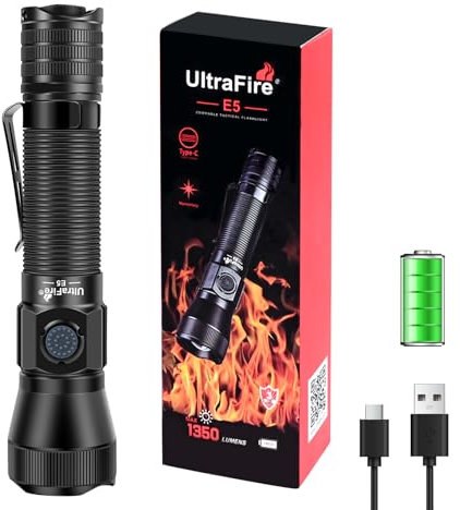 ULTRAFIRE Linterna táctica LED de 1350 lúmenes altos, linterna pequeña brillante recargable por USB, 6 modos de zoom, linterna EDC, operación de doble interruptor para patrullas de trabajo, aplicación