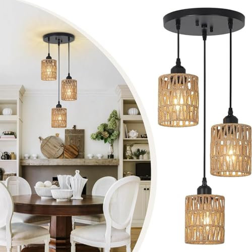 HEYUN Pendelleuchte Esstisch 3 Flammig Hängeleuchte Rattan Boho Geflochten Hängeleuchte Vintage Pendelleuchte Esstisch E26 Für Wohnzimmer Esszimmer Küche Schlafzimmer Flur (Ohne Glühbirne)