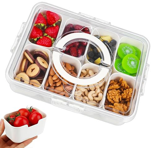 Magiho Snackbox mit Fächern, Snackbox mit 8 Fächern, Aufbewahrungsbox mit Deckel, Snackteller mit Deckel und Griff, Snackdose mit Fächern für SüßIgkeiten Candy Veggie Keks Nüsse Obst Gewürze