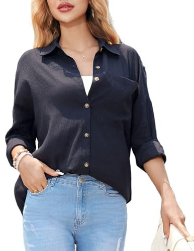 Stamain Black Shirt for Women UK Casual Long Sleeve Cotton Blouses Ladies Button Down Shirts V-Neck Oversized Basic Tops for Daily Office Work M