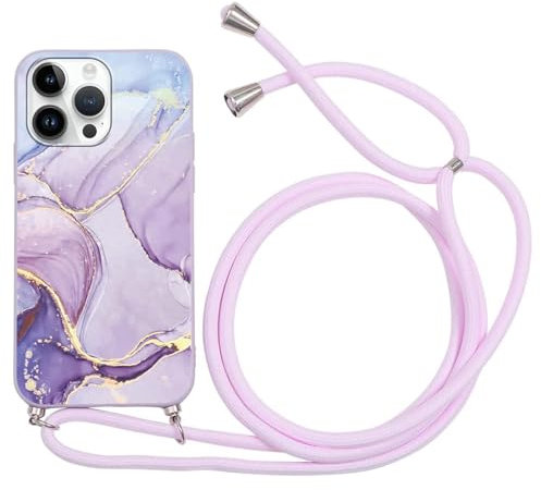 ZhuoFan Handykette für iPhone 12 Pro Max Hülle mit Band, Aesthetic Marmor Muster Verstellbarer Halskette Handyhülle mit Kordel zum umhängen Violett Silikon Stoßfest Schutzhülle mit Kette, Marble