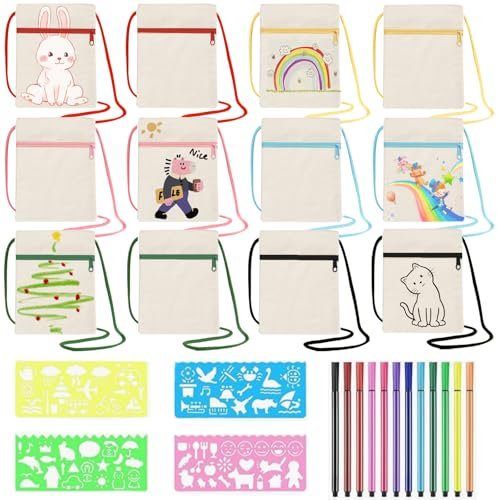 Joycabin 12 Stück Stoffbeutel zum Bemalen für Kinder, 18 x 12 cm DIY Blanko Stoffbeutel, Umhängegeldbeutel mit 12 Farbe Stiften und 4 Malschablonen, Stofftaschen für Schule, Party, Geschenk