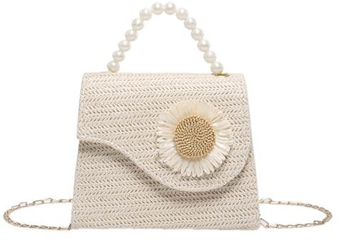 TOFBS Strandtasche Damen Strohtaschen Sommer Handtasche Crossbody Tasche Boho Stil mit Abnehmbarer Kette Clutch für Strand Hochzeitstasche Party Urlaub (Weiß)