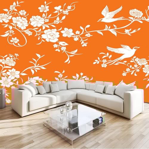 Fototapete 3D Chinoiserie Orange Blumen Vögel 300x210 cm Vlies Tapeten Wandtapete Moderne Wanddeko Design Wand Dekoration Wohnzimmer Schlafzimmer