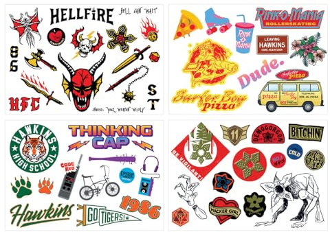 Stranger Things Tech Decals - Offiziell lizenziertes Vinyl-Aufkleber-Set, Demogorgons, Hellfire Club, Hawkins High & Town Logos, 4 Blatt