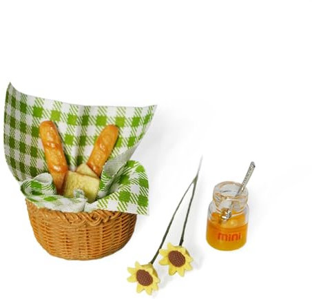 LQTSLFM 9 Stück Miniatur Essen, 1/12 Miniatur Lebensmittel Set, Miniatur Brotkorb, Brot, Honig, Picknick Tuch, Blumen, Mini Food Puppenhaus Dekoration, Wichteltür Zubehör für Kinder (Grün)