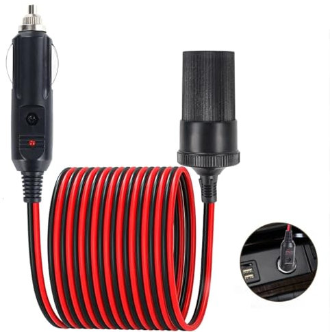 16FT/5M Car Cigarette Lighter Extension Cord, 16AWG Heavy Duty Male Plug to Female Socket Adapter with LED Indicator and 15A Fuse, for 12V/24V Trucks, Vans, RVs, Portable Equipment