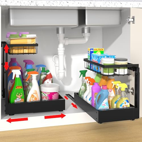 CAWIU Lot de 2 organiseurs de rangement sous évier, à 2 niveaux, extensibles et réglables, étagères coulissantes avec largeur (25,1 à 40,9 cm) et hauteur (29,5 à 39,6 cm) pour cuisine et salle de bain