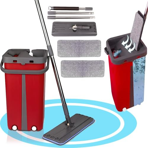 Dekohome Wischmopp mit Eimer, mit Fächern, flacher Kopf und flexibler 360-Grad-Rotation, ideal für die Reinigung von Böden, Wänden, Decken, Fenstern, inklusive 2 Ersatzteilen, Rot