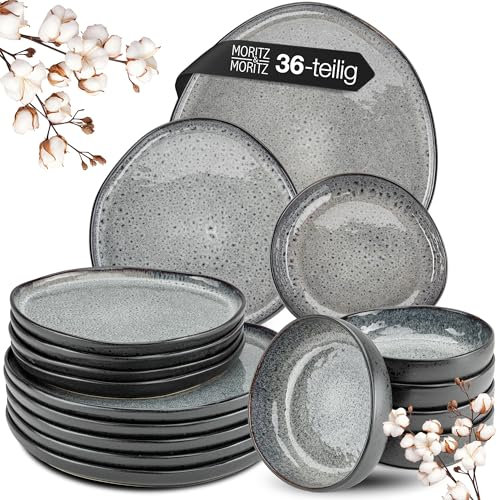 Moritz & Moritz ORGANIC 36-teiliges Geschirrset 12 Personen Grau - Elegantes Teller Set aus hochwertigem Steinzeug - Geschirr Set 12 Personen aus je 12x Dinnerteller, Dessertteller, Suppenteller