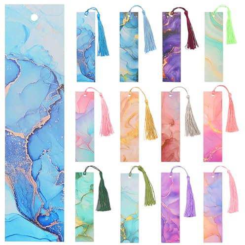 Flewfun Ästhetische Lesezeichen Papier, 12Pcs Lesezeichen mit Marmorierung Mustern, Geschenk Tags mit Quasten für Schüler, Lehrer, Buchliebhaber, und Mitgebsel für Buchhandlungen
