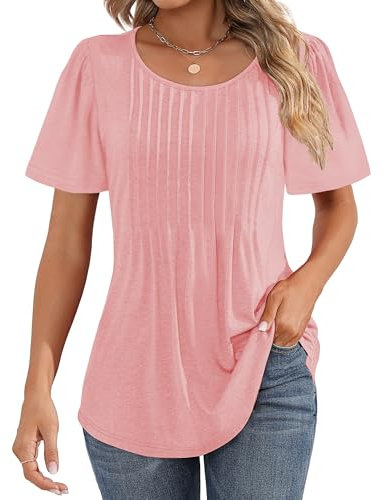 Cuptacc Tee Shirt Femme Summer Manche Courte T Shirt Plissé Col Rond Ample Chemise Femme Chic Et Elegant Rose XL 48-50
