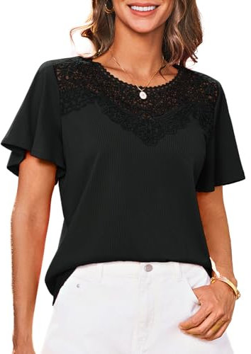 GRACE KARIN Women Lace Blouse Short Sleeve Crew Neck Tops Loose Fit T-Shirt Elegant Casual Blouse Black L