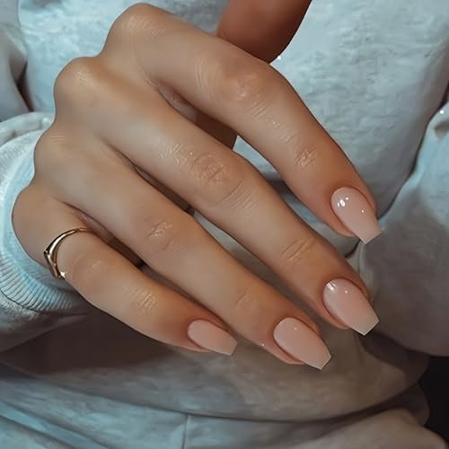 SXVME Nude False Nails Coffin, Medium Short Press on Nails Coffin, Natural Glue on Nails Gel Fake Nails for Women, Short Ballerina Acrylic Nails for Daily Wear 24 Pcs