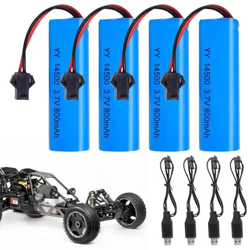 HIULLEN 14500 Li-ion Akku 3.7V, 4 Stück 800mah RC Akku, 3.7 Volt Li-ion Wiederaufladbare RC Batterie Rechargeable mit 4 USB Chargers SM-2P Plug, Universal Battery für Fahrzeuge Boote Roboter