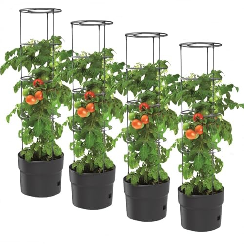 BirnePower 4X Tomatentopf Blumentopf Tomatenkübel 28L Topf für Tomatenpflanzen Tomatenzüchter mit Wasserspeicher Pflanzkübel mit Rankhilfe Rangitter Ø 40 cm H 153 cm