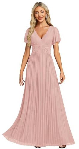 Ever-Pretty Vestito Donna Elegante Cerimonia Lungo Brillante Pieghe Maniche a Volant Stile Impero Abito da Sera Donna Rosa 36