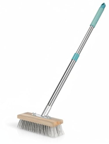 Stahldrahtbesen 30cm mit Teleskopstiel 175cm, 45°-Winkel, Drahtbesen zur Moosentfernung, Terrassenbürste zum Entfernen Hartnäckigen Gartenmoos Flecken Unkraut für Deck Schwimmbad