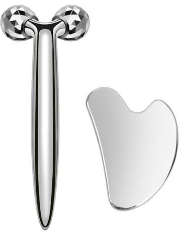 3D Edelstahl Gesichtsroller & Gua Sha Set (2-in-1),Metall Massagegerät für Gesichtslifting, Anti-Falten, Lymphdrainage, Jawline Training und strahlende Haut