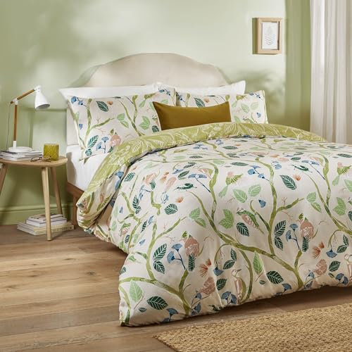 Juego de Funda nórdica Woodlow de Edredón Día del Edredón: Ropa de Cama Reversible con Estampado de Hojas, pájaros Tropicales Dibujados a Mano y diseño Floral (Multicolor/Verde Salvia - King)