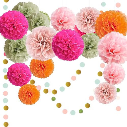 18 Pièces Deco Fete Decoration Anniversaire Rose, FORMVERSITY Pompon Papier de Soie Fleurs en Papier Crépon Vert, Decoration Mariage Deco Anniversaire, Deco Mariage Deco Bapteme Guirlande Anniversaire