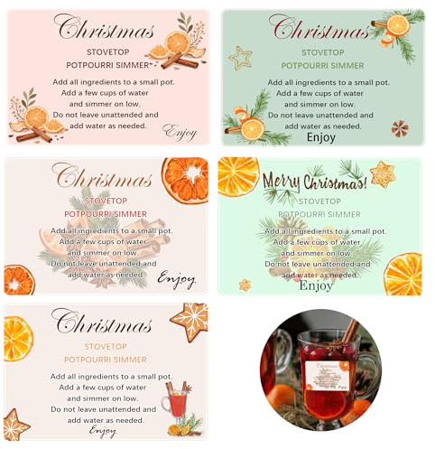 Christmas Stovetop Potpourri Tag Gift Stickers 100 Pcs Simmer Pot Potpourri Instructions Stcikers Stovetop Simmer Instruction Sticker for Christmas Party Holiday Scents and Party Favor (Sticker)