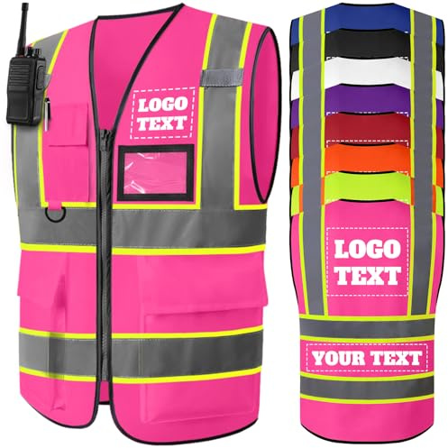 Xihedfd Personalisierte Warnweste Reflektierende Warnschutzweste mit Hoher Sichtbarkeit für Damen & Herren Sicherheitsweste mit Logo Text Taschen für Arbeit Bauwesen (S–5XL)
