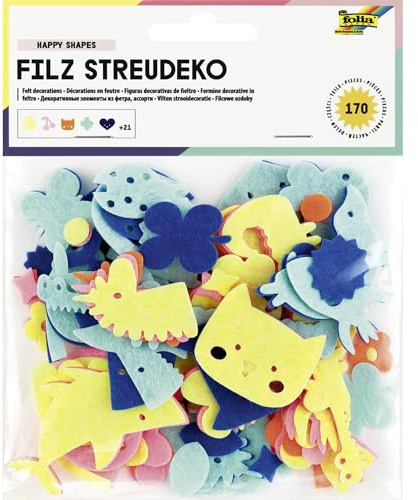 folia 5255 - Filz Streudeko Happy Shapes, 170 Tier- und Naturmotive in 5 Farben, zum Verzieren und Dekorieren
