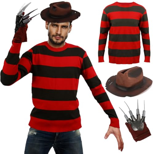 Freddy-Kostüm für Erwachsene, 3-teilig, Pullover, Hut, Krallenhandschuh, gruseliger Horror-Killer, Krueger, Verkleidungs-Set, rote und grüne Streifen, Pullover, Halloween, Cosplay, Kostüm, Outfit für