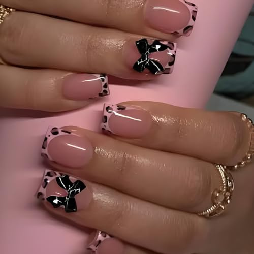 Ceboic 24 Pièces Faux Ongles Court Carré, Acrylique Ongles à Coller, Nude Rose Faux Ongles Autocollants, 3D Nœud Papillon & Léopard Press on Nails, Réutilisable Capsules Ongle pour Femmes et Filles