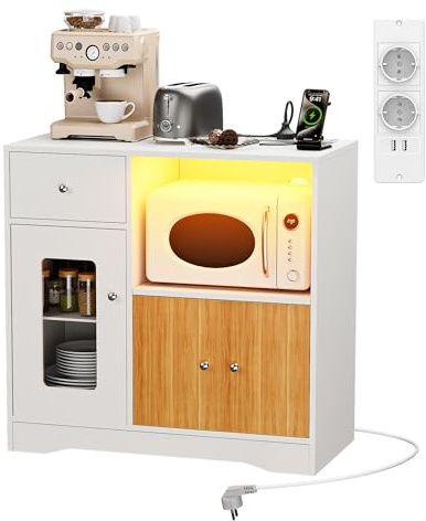 Ztexkee Küchenschrank mit Arbeitsplatte Buffetschrank mit Steckdose und LED, Sideboard Küche, Küchenkommode mit Verstellbares Regal (Weiß und Eiche, 83x40x80 cm)