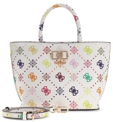 GUESS Handtasche Umhängetasche Emelie Logo Mini Tote Multi Logo weiß