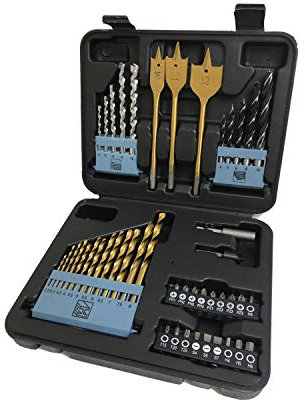 LUMBER JACK 46 Piece Drill Bit Set, Includes HSS titanium twist, Masonry, Wood, Screwdriver Bits & More in storage case,for Metal, Woods, Plastics, Brick