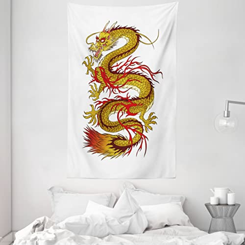 ABAKUHAUS Drachen Wandteppich und Tagesdecke, Fiery Character aus Weiches Mikrofaser Stoff Waschbar ohne Verblassen Digitaldruck, 140 x 230 cm, Senf Zinnoberrot Braun