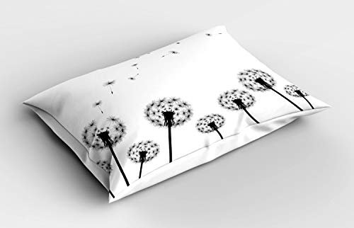 ABAKUHAUS Löwenzahn Kissenbezug, Verblasste Pusteblume, Dekorativer Standard King Size Gedruckter Kissenbezug, 80 x 40 cm, Weiß Schwarz