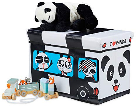 Relaxdays Spielzeugkiste faltbar, Panda, Aufbewahrungsbox mit Stauraum & Deckel, gepolstert, HBT 34 x 49 x 31 cm, weiß